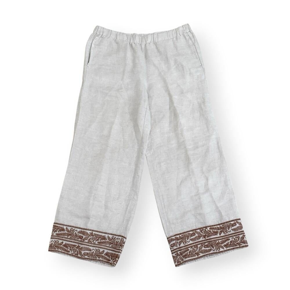 J. Jill Women's Linen Blend Wide Leg Crop Pants Size XS Beige Embroidered